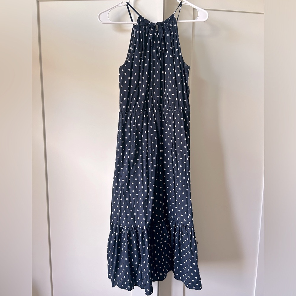 Navy Blue Polka Dot Halter Midi Dress, Size M by Banana Republic